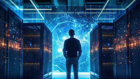 Una persona se encuentra de pie al final de una fila de servidores observando los puntos de datos azul brillante que se proyectan sobre una pared a la distancia